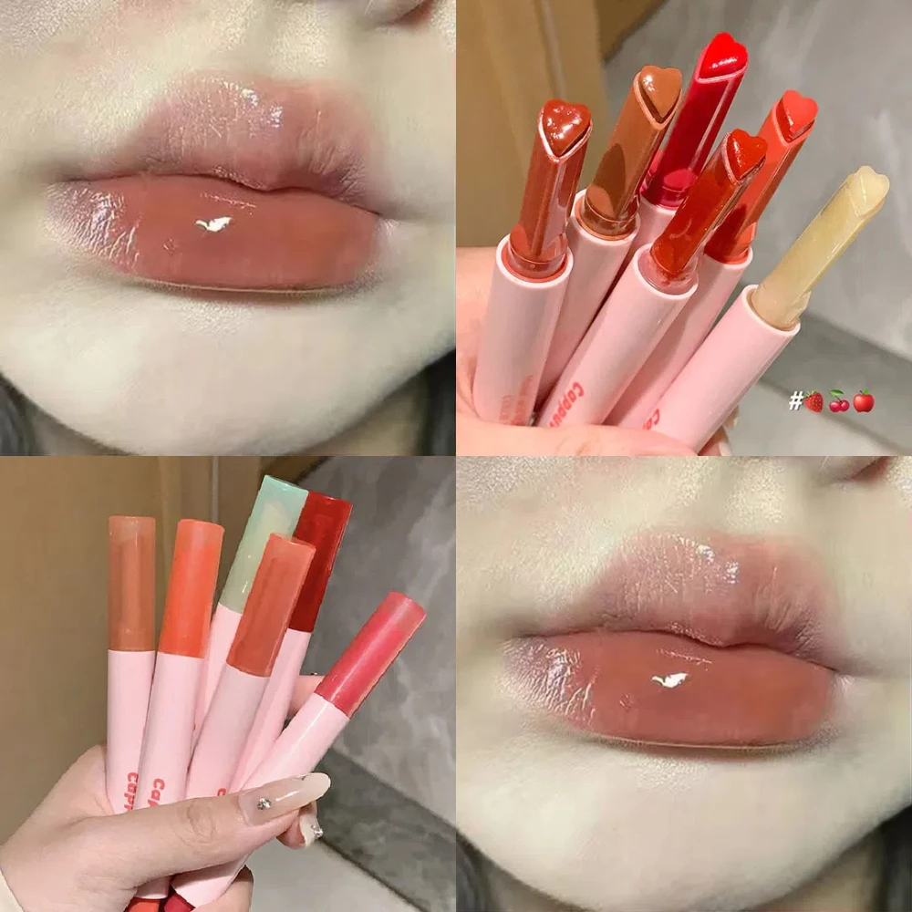 Glitter Clear Solid Lip Gloss Pink Mirror Shimmer Love Heart Shape Lipstick Pen Watery Jelly Moisturizing Lip Tint Makeup