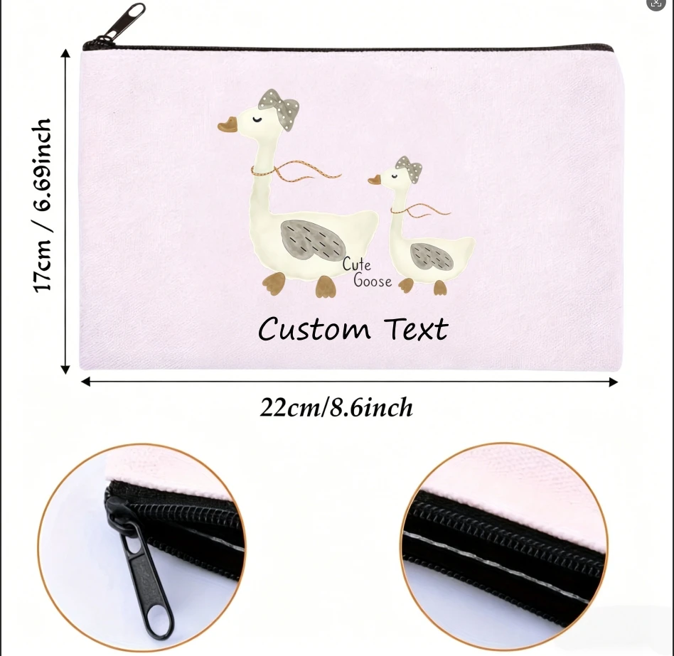 1PC Custom Text Cute Bow‑knot Goose Print Cosmetic Bag Personalized Canvas Zipper Small Item Storage Pouch