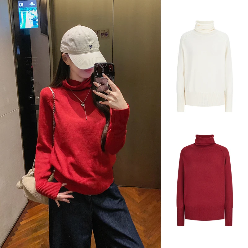 

MosesQueen Christmas Red Thickened Half High Collar Knitted Sweater Elegant Style Women's Autumn Winter Fashion Online Exclusive
