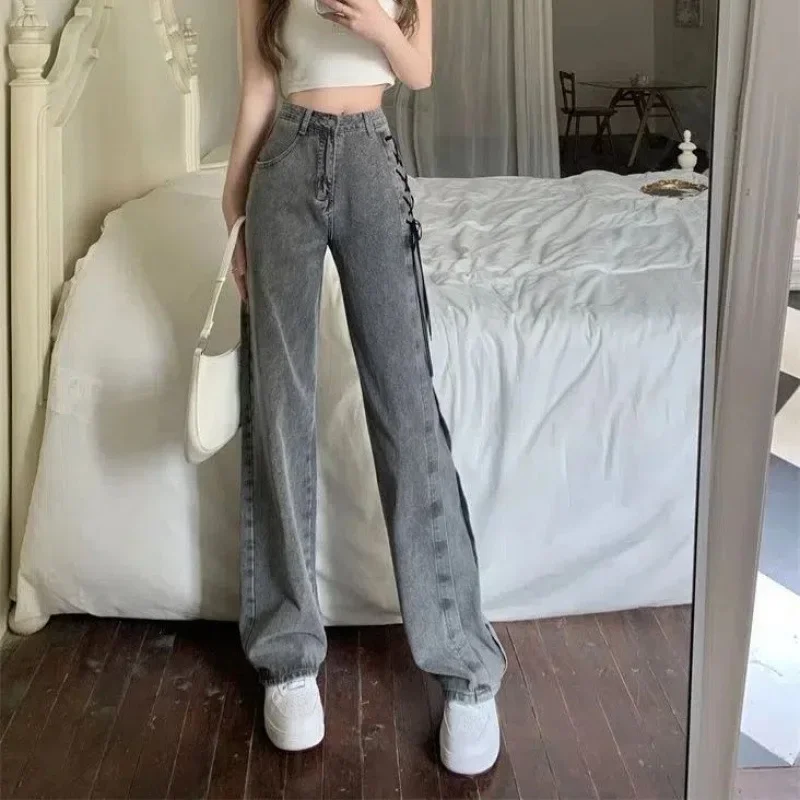 Black Gray Lace Up Design Jeans Women Vintage High Waist Straight Denim Pants Female Autumn Winter New Wide Leg Trousers Y2k