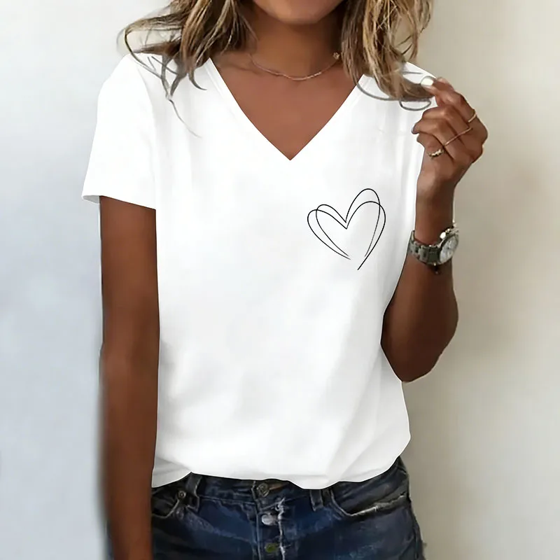2026 T-Shirt mit V-Ausschnitt Lässige Mode Herzchen-Print T-Shirts für Damen Kurzarm Tee-Shirt V-Ausschnitt Sommer Frühling