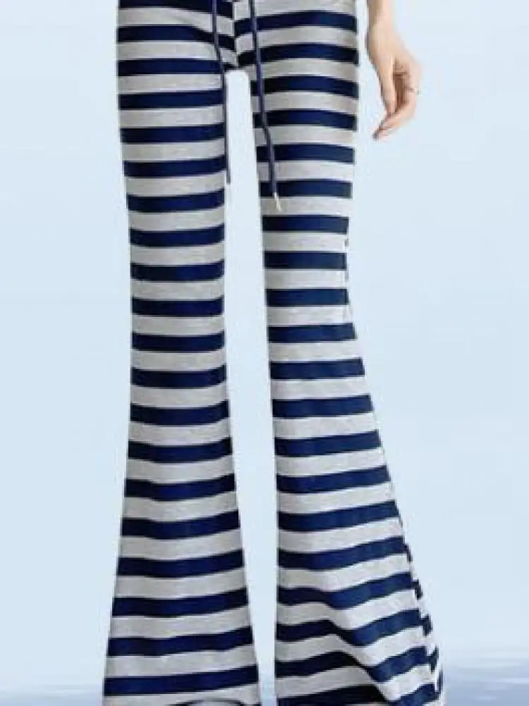 

Women Striped Patchwork High Waist Slim Long Pants 2025 Spring Summer Drawstring Lace-up Sports Flared Trousers Streetwear Trend