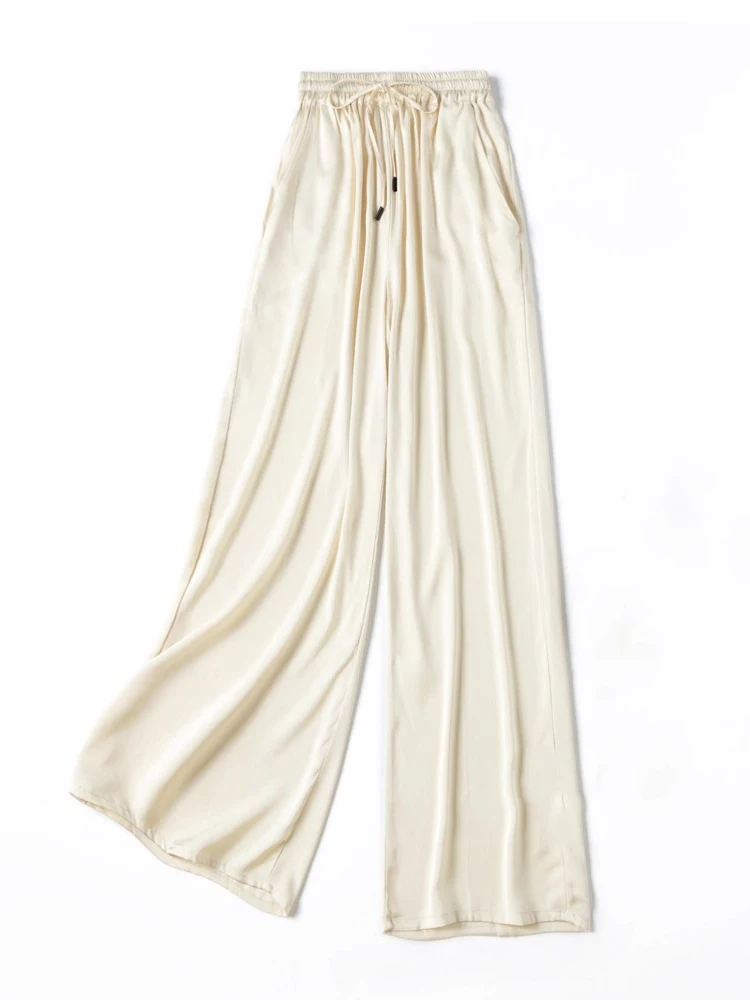 Vertical Naked Feeling 93% Natural Mulberry Silk Elastic Double Qiao Satin Elastic Waist Women's Fashionable Wide Leg Pants