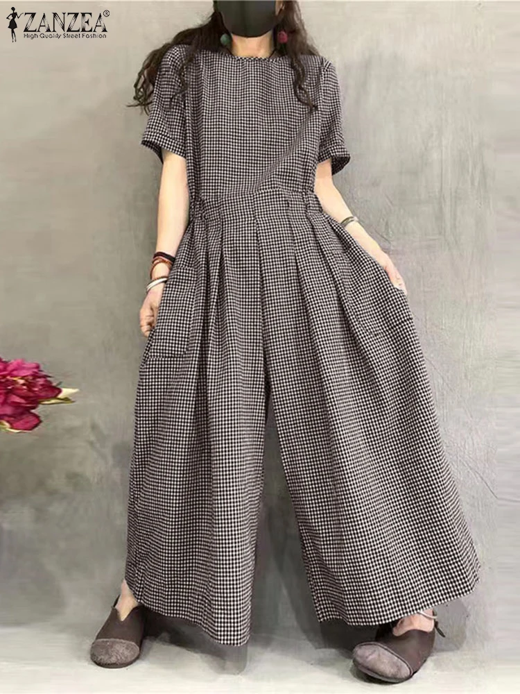 ZANZEA Women Rompers Summer Overalls Pants Vintage Short Sleeve Plaid Checked Jumpsuits Fashion Casual Loose Wide Leg Trousers