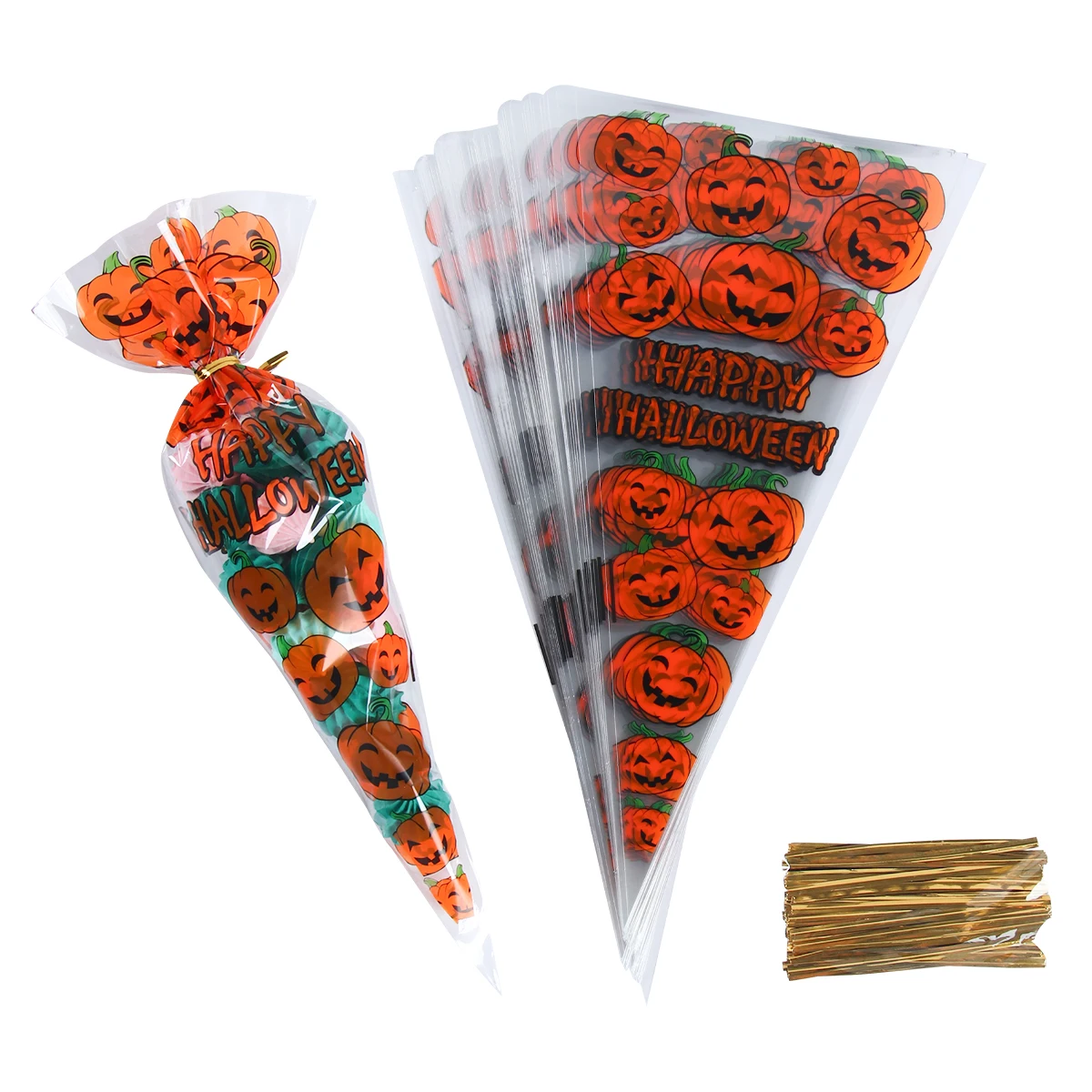 

100Pcs Halloween Candy Cone Bags Pumpkin Bat Halloween Gift Bag Plastic Pouch for Candy Cookie Package Halloween Decoration 2023