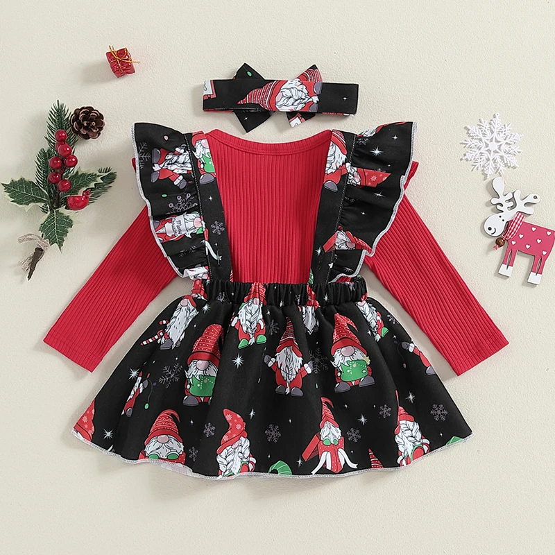 Baby Girl Christmas Outfit Ruffle Long Sleeve Ribbed Romper Santa Claus Print Suspender Skirt Headband 3 Piece Set