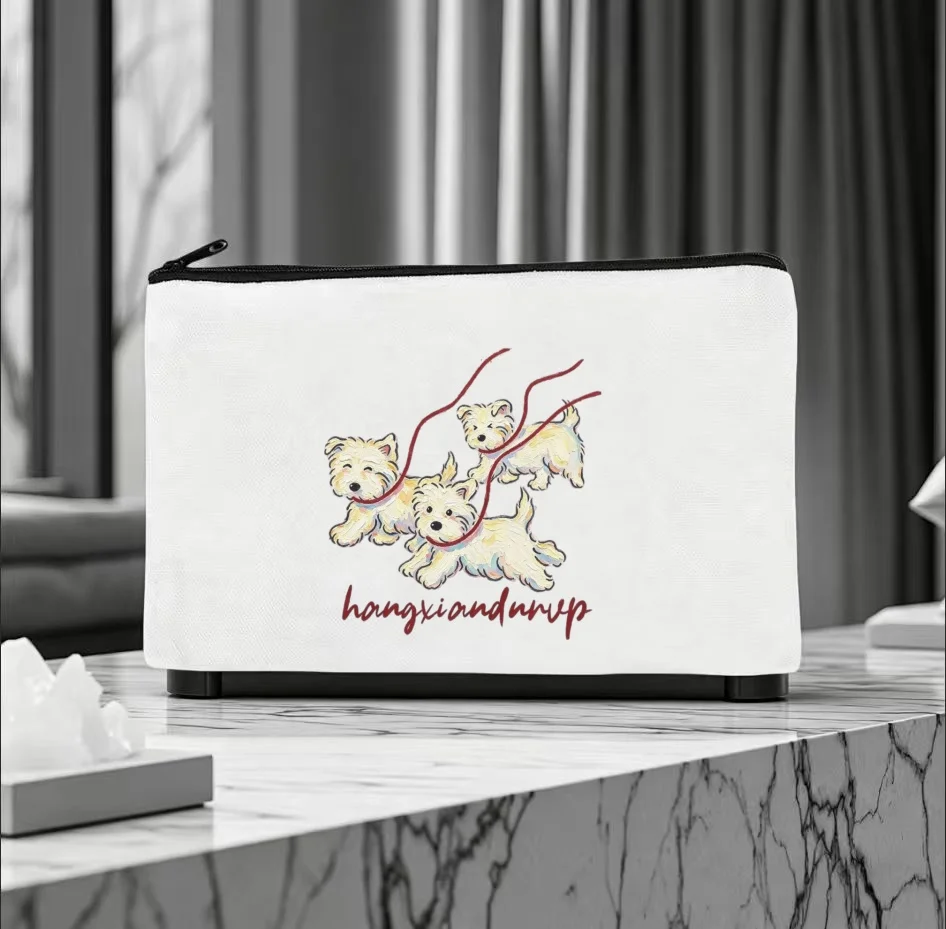 1PC Three White Westie Dogs Red Leash Print Canvas Cosmetic Bag Double Sided Portable Travel Zipper Pouch