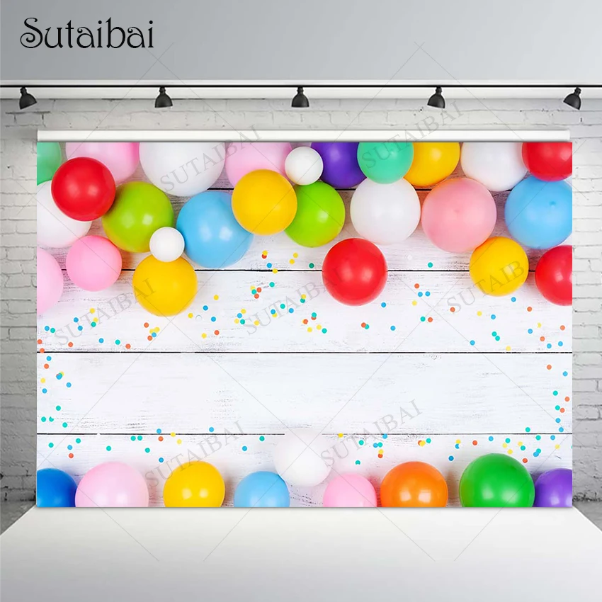 

Happy Birthday Backdrop Kids Wooden Board Colored Balloons Baby Shower Party Decoration Photography Background for Studio Props