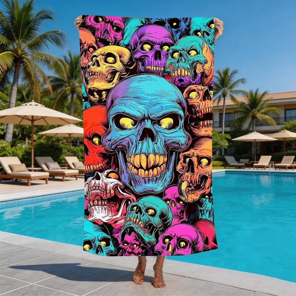 Vibrant Rainbow Skull Beach Towel Graffiti Art Horror Towel for Teens Great for Summer Camping and Parties