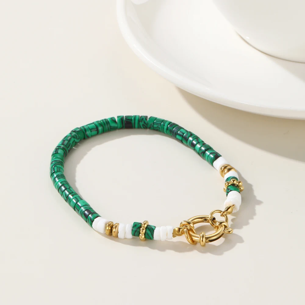 YACHAN Stainless Steel Handmade Beaded Bracelets for Women Green Acrylic Malachite 18K Gold PVD Plated Buckle Jewelry Gift