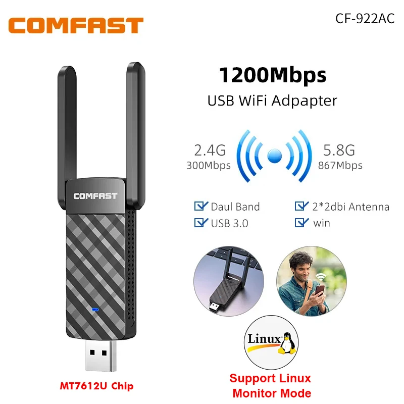 Mt7612u 1200mbps usb 3.0 adaptador wifi banda dupla 5ghz 2.4ghz sem fio dongle antena adaptador receptor para pc win10 11 linux