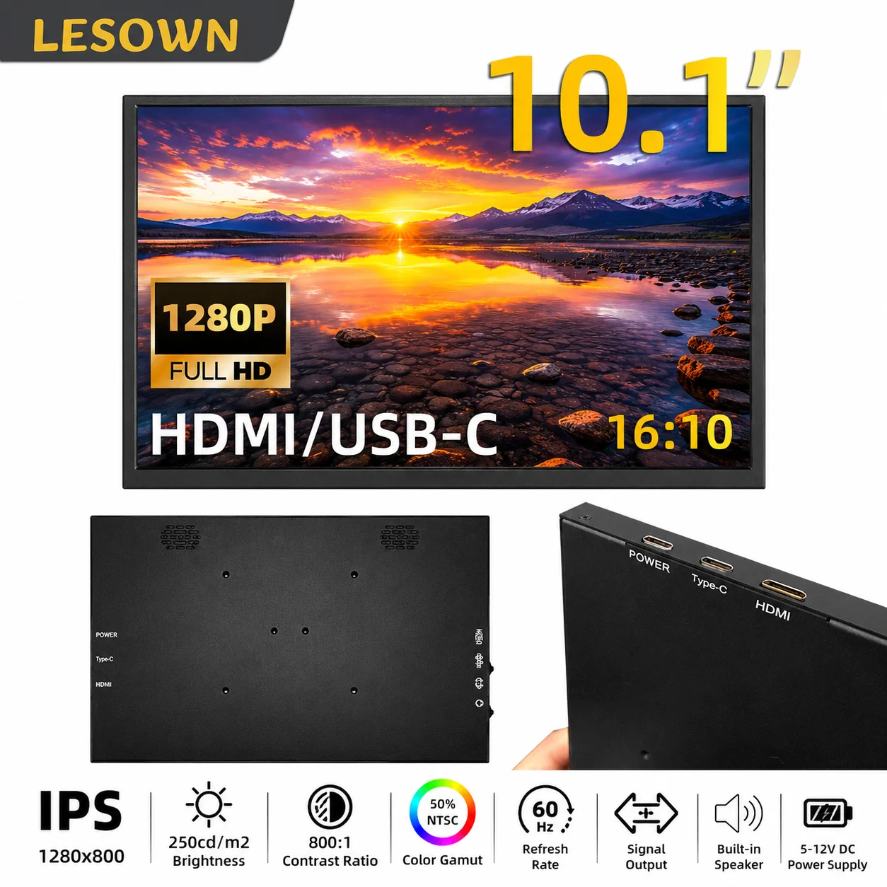 LESOWN 10.1 Inch IPS Display HDTV Plug and Play Second Monitor for Laptop Gaming Setup High Quality Screen Portable Slim Panel