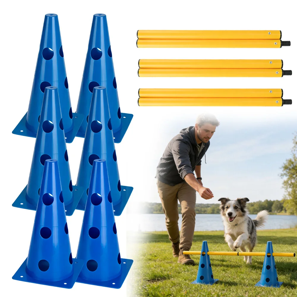 Kit d'entraînement d'agilité réglable avec poteaux de 100 cm, hauteur jusqu'à 23 cm, cônes d'obstacles polyvalents pour l'exercice des chiens, les sports de plein air pour enfants et la pratique équestre.