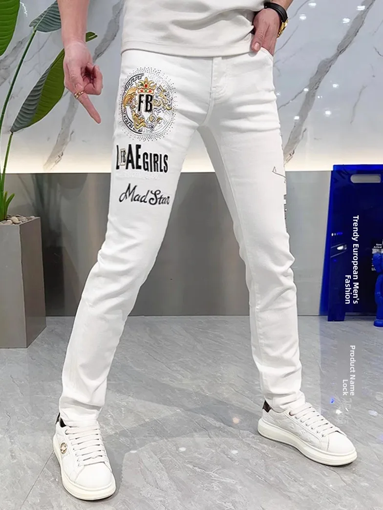 

Fashionable White Embroidered Slim Fit Men's Jeans Spring Summer Casual Straight Leg Long Pants Youth Trendy mid Waist Zipper