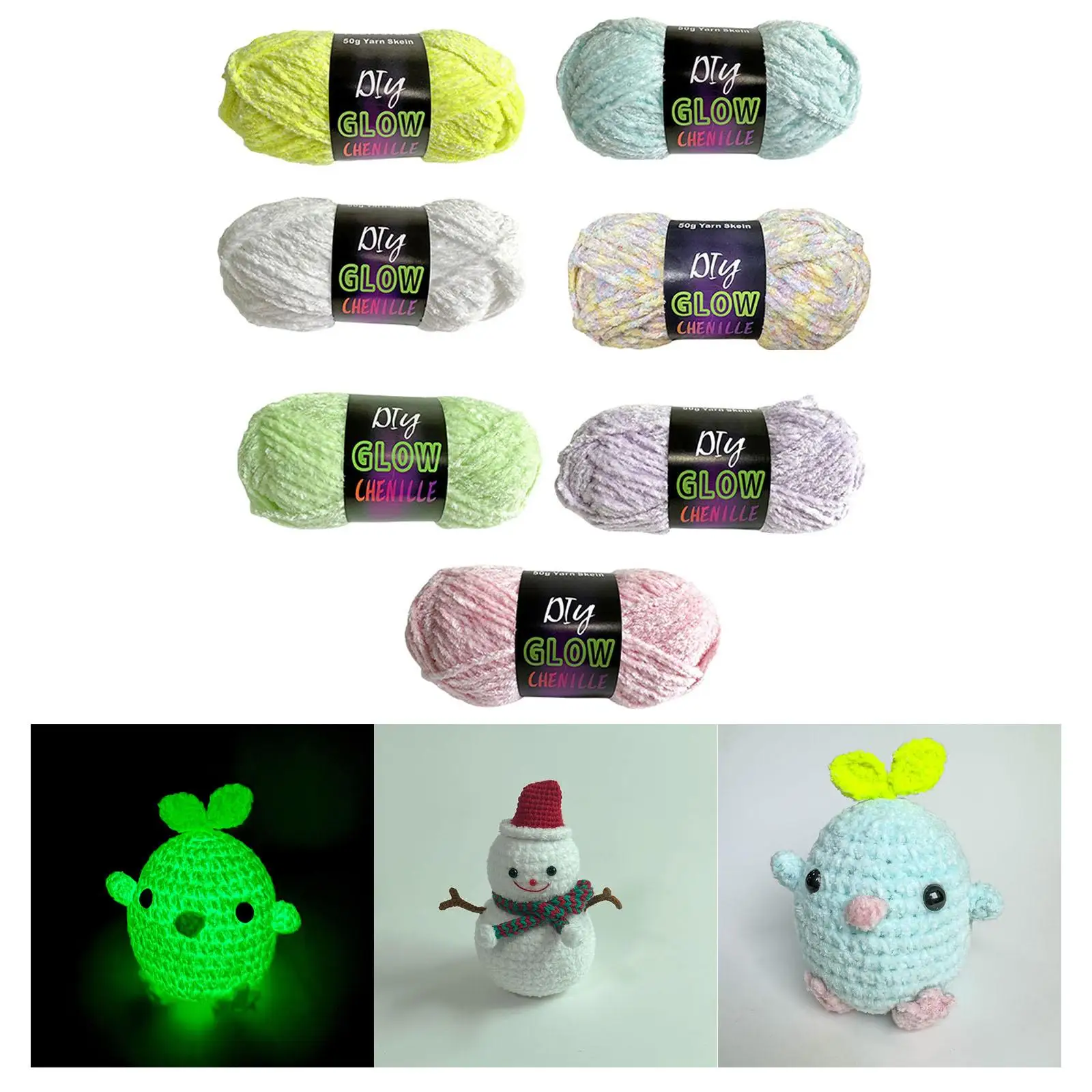 4/7 Pieces Luminous yarns, Glow in The Dark yarns, Chenille Yarn 70M Handcrafts Glow yarns Crochet yarns for Crocheting Hat