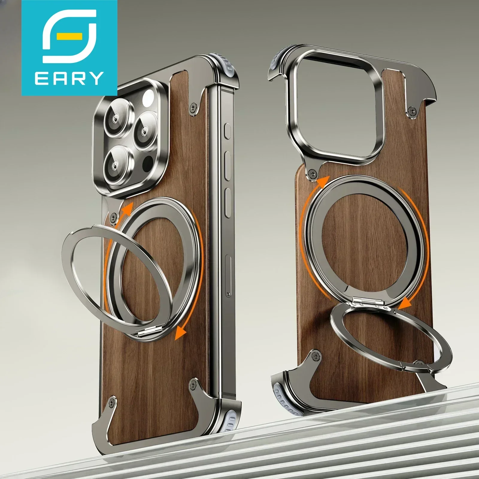 

Eary из натурального дерева для iPhone 16 15 Pro Max, безрамный чехол с подставкой для телефона MagSafe, противоударный защитный чехол для iPhone 14 Pro Max