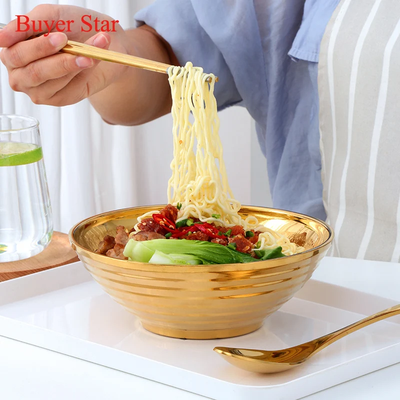 Gold Ramen noodle Bowls Stainless Steel Instant Noodle Bowls Soup Rice Bowl with Chopsticks spoon Metal dinnerware Kitchen tools