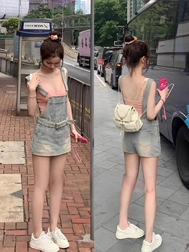 Slimming Short Denim Overalls Women's Summer Hong Kong Style Sweet Anti-aging Small Size Thinming Hot Girl Dress Skirt