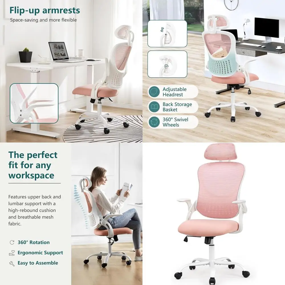 

High-Back Mesh Office Chair with Lumbar Support, Adjustable Headrest and Flip-Up Arms, 360° Swivel, Pink
