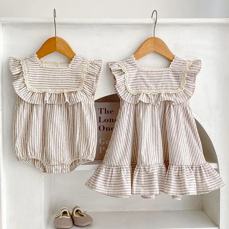 2024 New Summer Baby Girl Party Dress Sleeveless Cotton Stripes Kids Princess Dresses Infant Baby Romper Sister Clothing