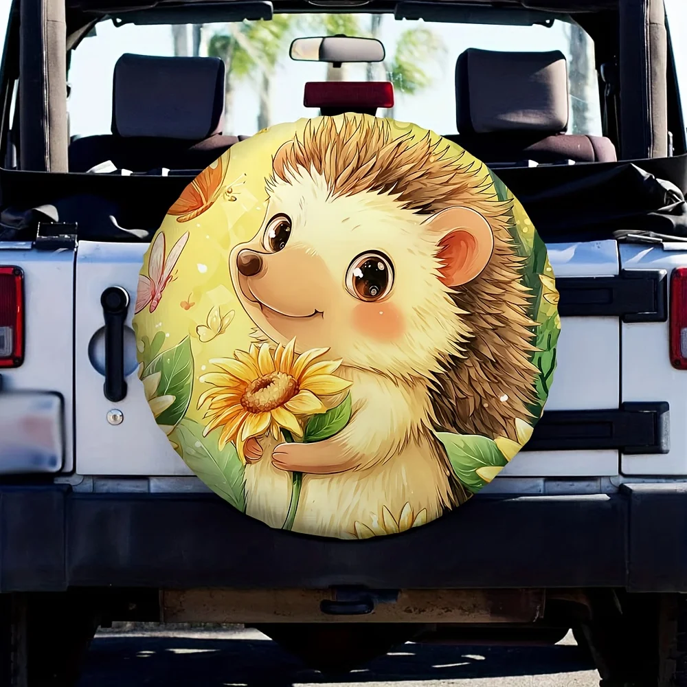 1pc 2D Flat-Printed High-Quality Tire Cover Featuring A Cute Hedgehog With Sunflowers And Butterflies, Made From Polyester Fabri