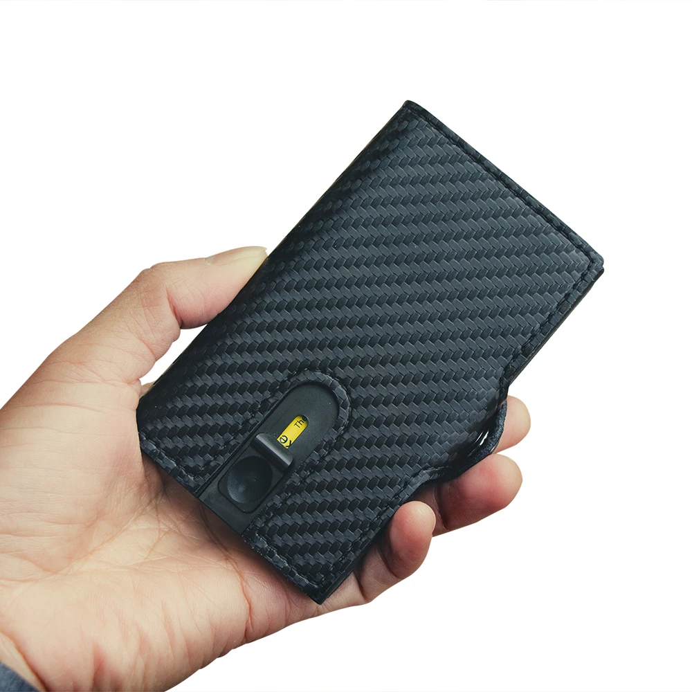 Fashion Carbon Fiber Leather Wallet Pop Up Aluminum Card Holder Billeteras Hombre RFID Blocked Card Holder Wallet