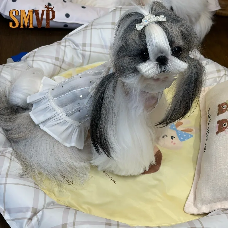 Elegant White Sheer Tulle Pet Halter Sundress Collar Decor Sparkling Beads Lace Bow Tiered Ruffle Puppy Wedding Outfit Dog Dress