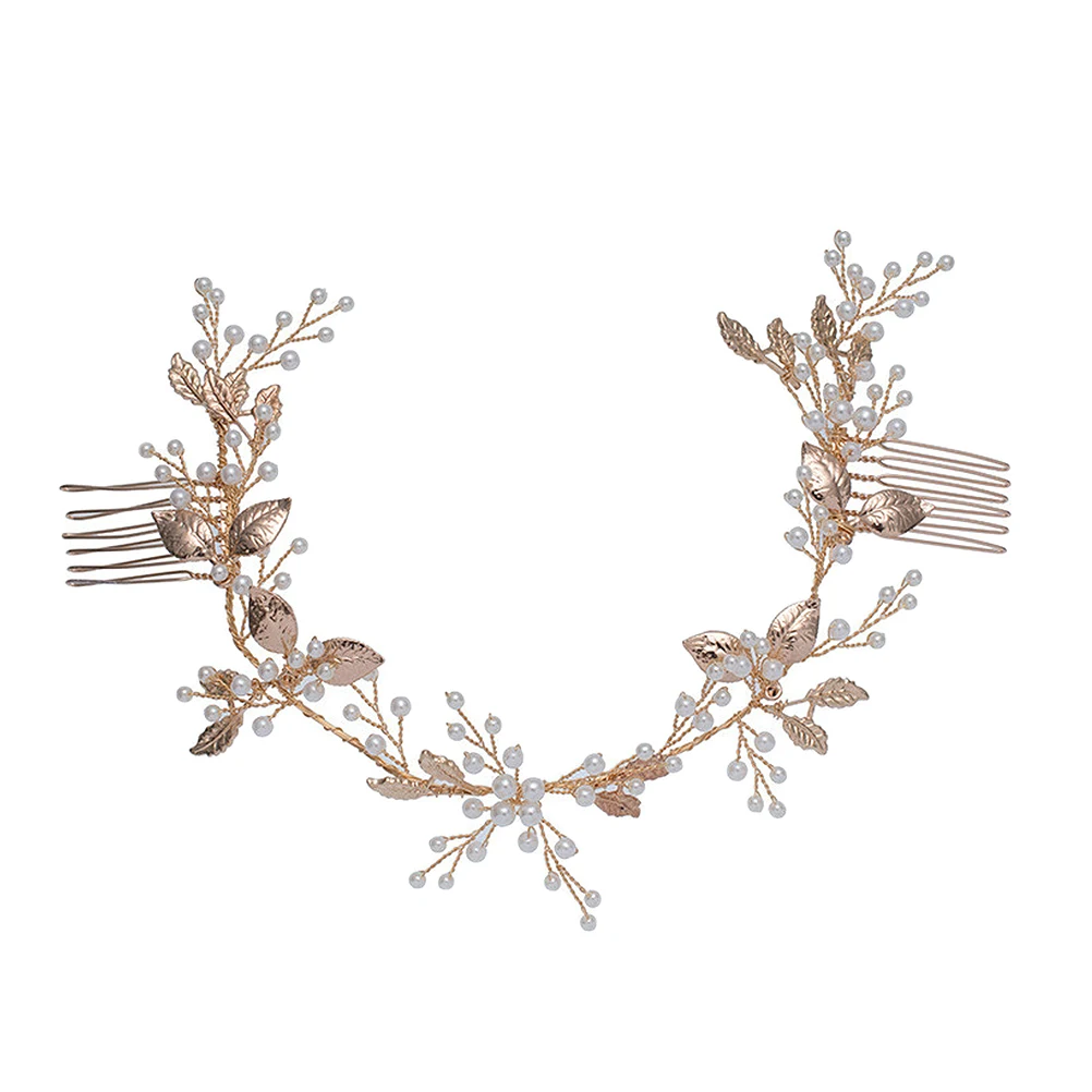 

Bridal Hair Pearl Gold Comb For Bridal Wedding Accessories Rhinestones Leaves Design For Bride Special Occasions