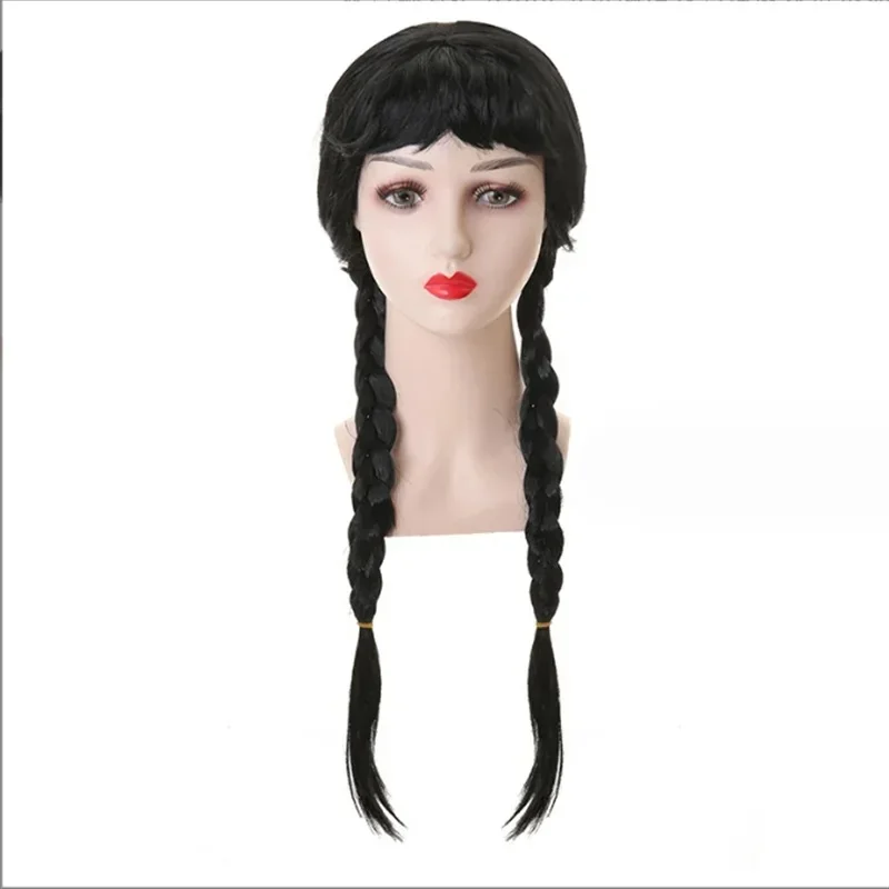 여자 어린이용 블랙 더블 브레이드 플랫 뱅스 수요일 역할극 합성 가발 파티용 소녀 수요일 코스프레에 적합