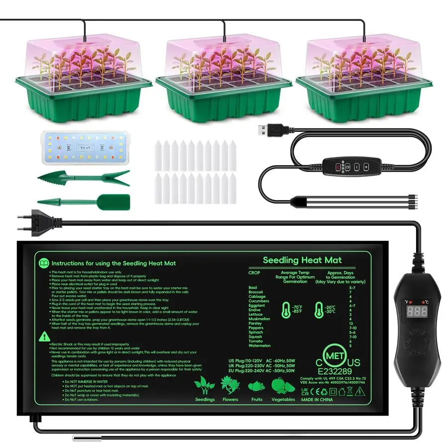 

Набор для проращивания семян: лоток с фитолампами и терморегулирующим ковриком, 3 шт., 36-ячеечный комплект для рассады с куполом для контроля влажности, 3 литра