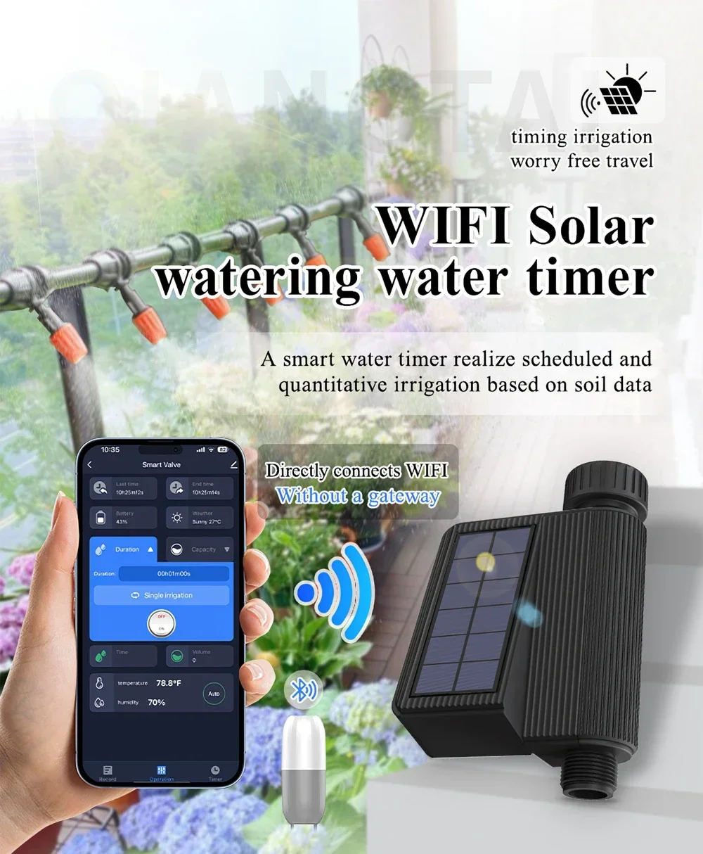 Tuya WiFi Solar Power Watering Water Timer Smart Irrigation With Temperature Humidity Soil Sensor One-Touch Start Stop