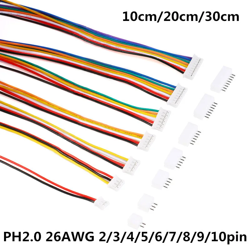 10Sets Mini Micro JST 2.0 PH Male Female Connector 2/3/4/5/6/7/8/9/10Pin Plug With Terminal Wires Cables Socket 10/20/30cm 26AWG