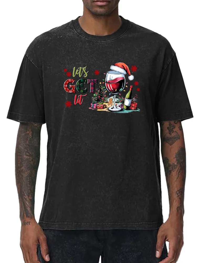 دعونا شرب النبيذ الأحمر 230 جرام القطن الثقيل غسلها المتضخم تي شيرت للرجال عيد الميلاد الجرافيك المحملة ريترو رداء علوي غير رسمي #1