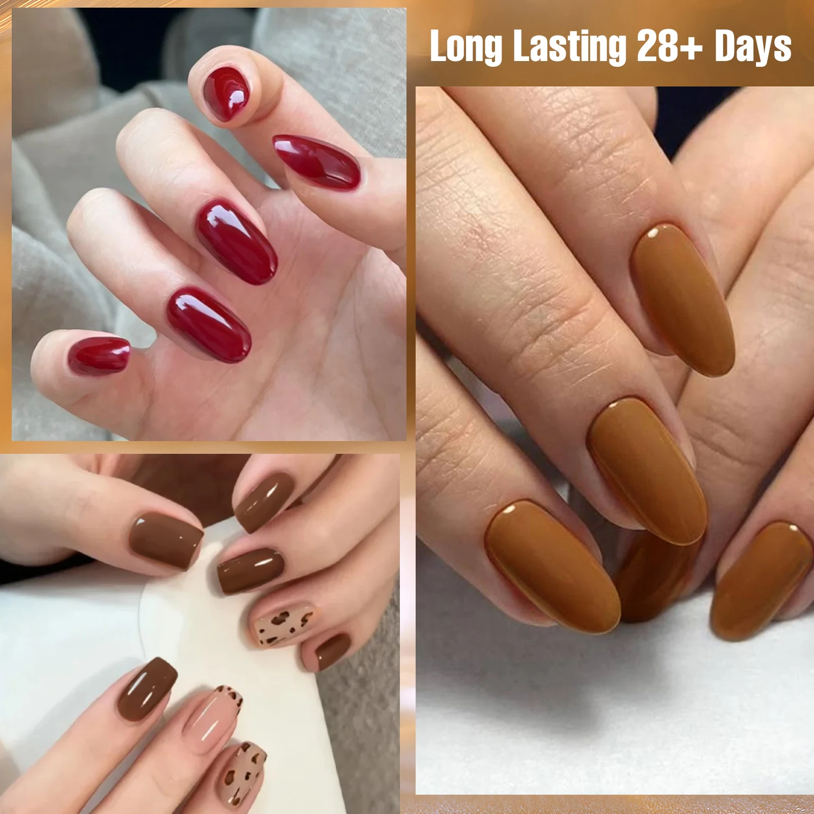 Zestaw 6 szt. lakierów hybrydowych do paznokci w kolorze kawowo-czerwonym, bez HEMA i TPO, półtrwałe, usuwalne, utwardzane UV, do manicure.