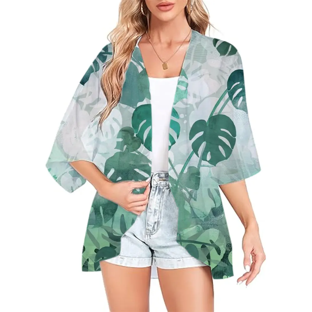 Fashion 3d Leaf Printing Kimono Chiffon Cover Up Beach Swimwear Cardigan Shirt Coat Female Tops Sexy Bikini Jacket Cloak Summer