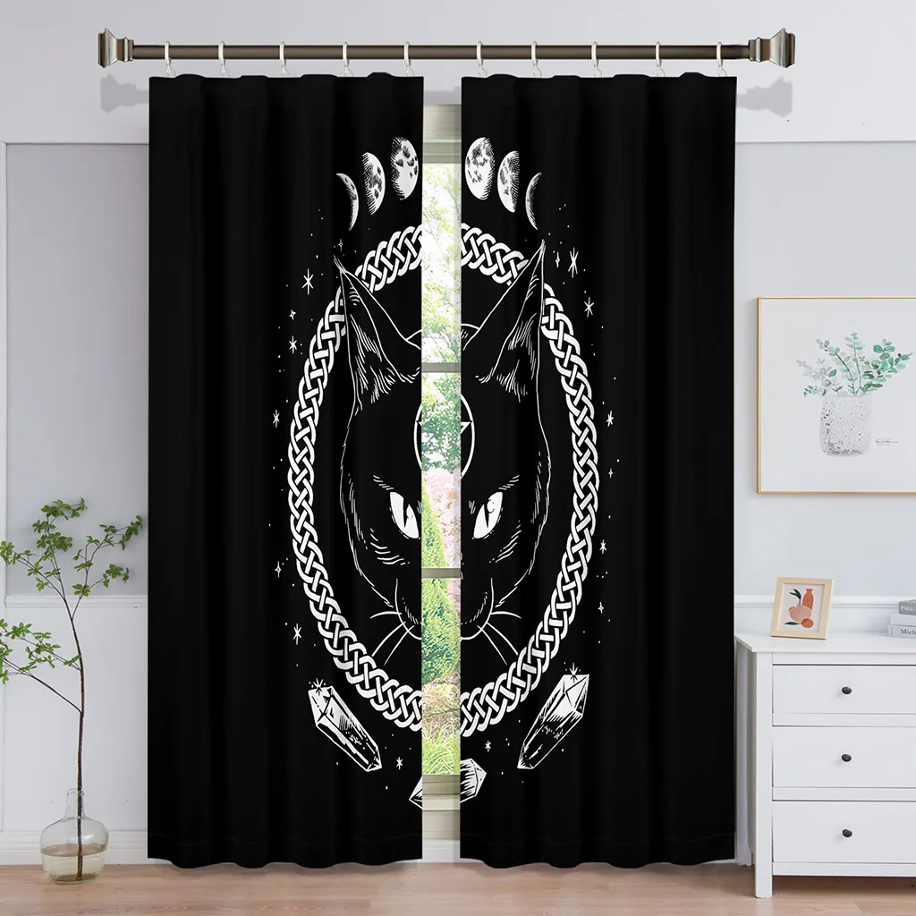 European Style Cat Dog Moon Sun Black Curtain Semi-blackout for Bedroom Living Room Kitchen Window Blinds cortinas de salon 2PCS