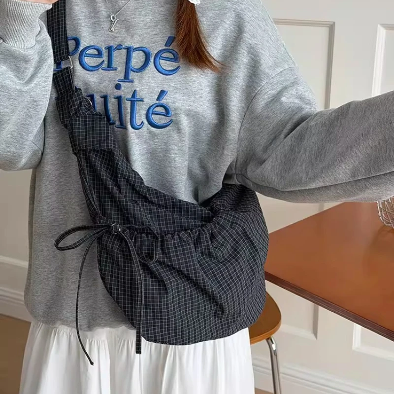 

Checked Drawstring Bowknot Nylon Women's Shoulder Bags Casual Large Capacity Ladies Crossbody Bag Versatile Female Dumpling Bag