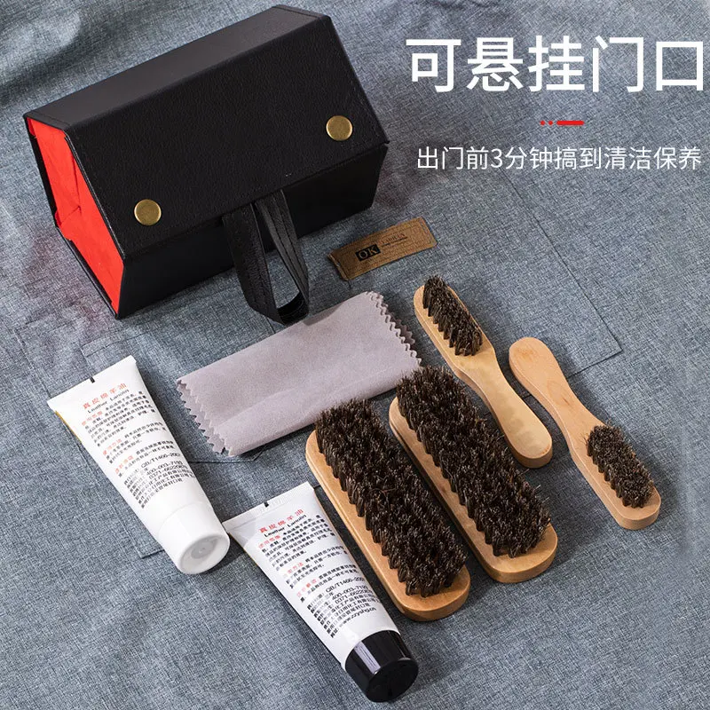 Genuine Leather Shoes Brush Set, Saco De Armazenamento De Couro, Horse Mane Large Black Incolor Tool, Óleo De Manutenção, Frete Grátis, 9 Pcs