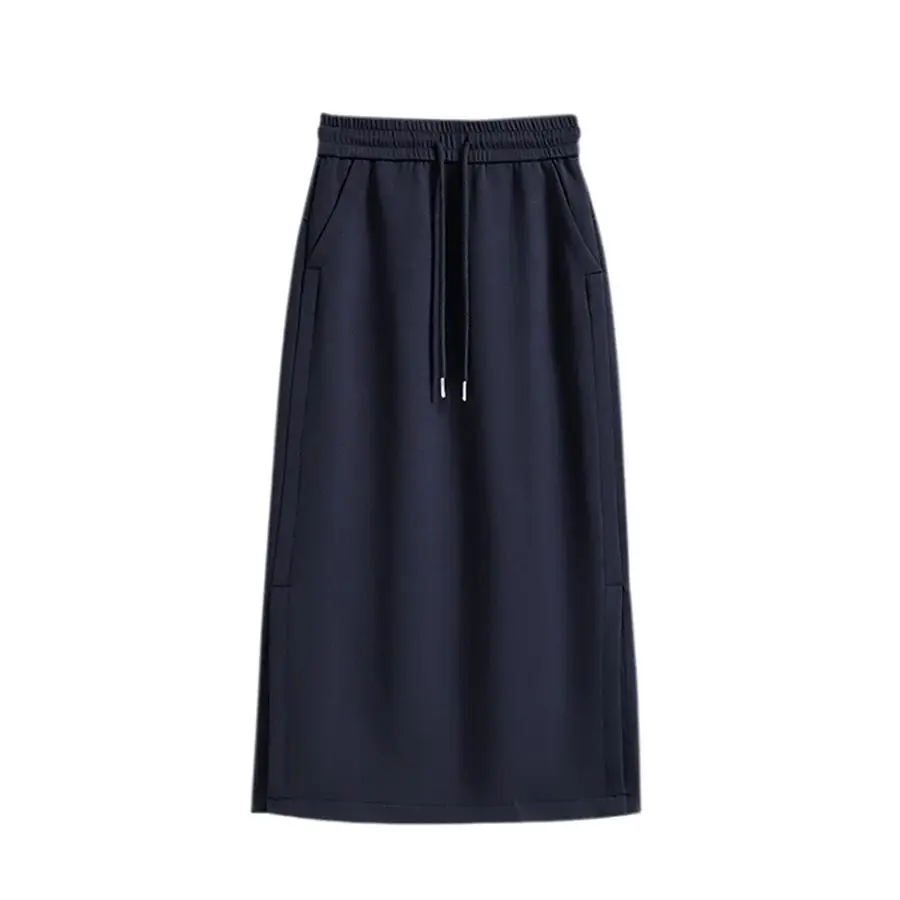 

Женские юбки с эластичной резинкой на талии и шнурком, однотонная свободная повседневная прямая юбка с разрезом, весенне-осенняя юбка средней длины