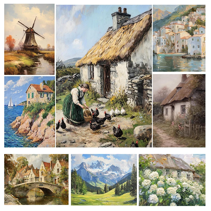 Pósteres de paisaje de pueblo europeo Retro, impresiones de Cottagecore romántico antiguo, pintura en lienzo, imágenes artísticas de pared, decoración para el hogar y la sala de estar