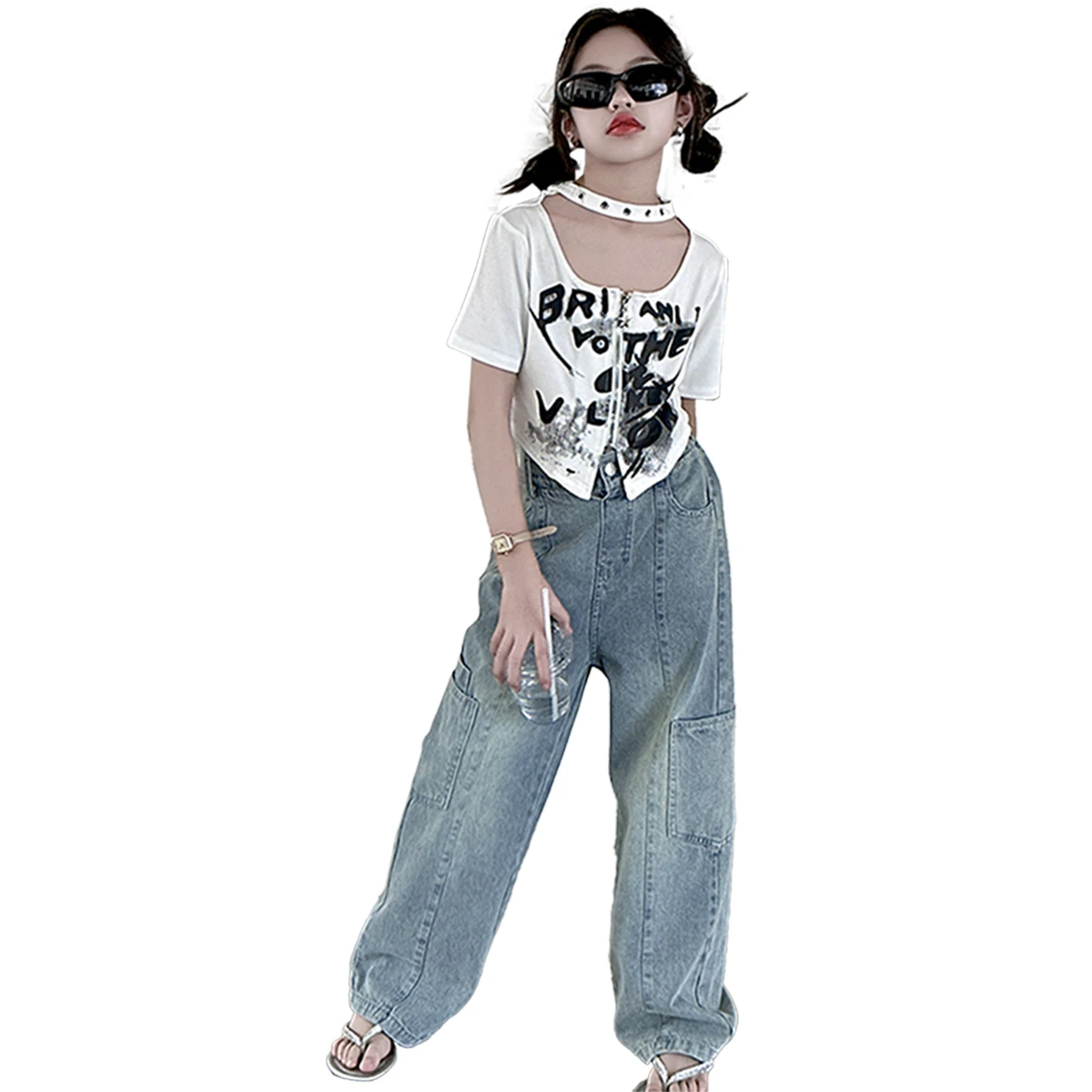 summer 8 10 12 14 junior girls Zipper shirt cotton Irregular short t-shirt for kids girl clothes fashion Korean child t-shirts