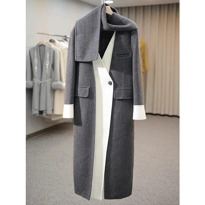 Contrast Stitching Double-Sided Woolen Jacket Women Overcoat Autumn Winter New Scarf Collar Fake Two Long Loose Wool Windbreaker