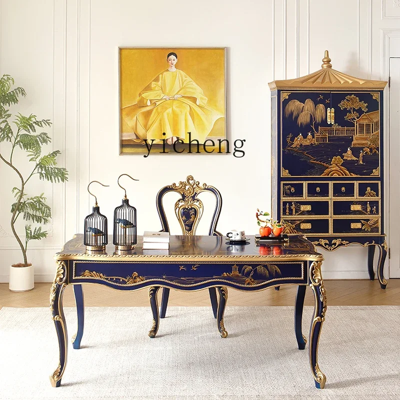 

HYS royal blue hand-painted solid wood rectangular dining table, desk, chair, writing desk, painting, computer table