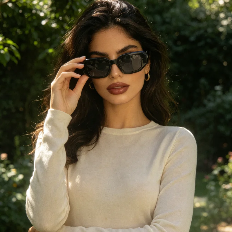 Prada luxury rectangular sunglasses dark grey lens detail