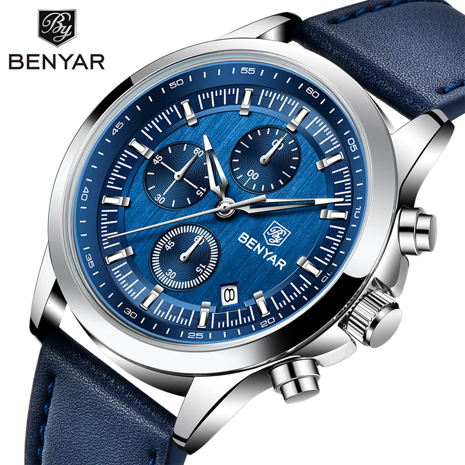 BENYAR Men's Quartz Watches For Men Top Brand Luxury Chronograph Watch Man Gifts Leather Waterproof Wristwatches Luminous Clock