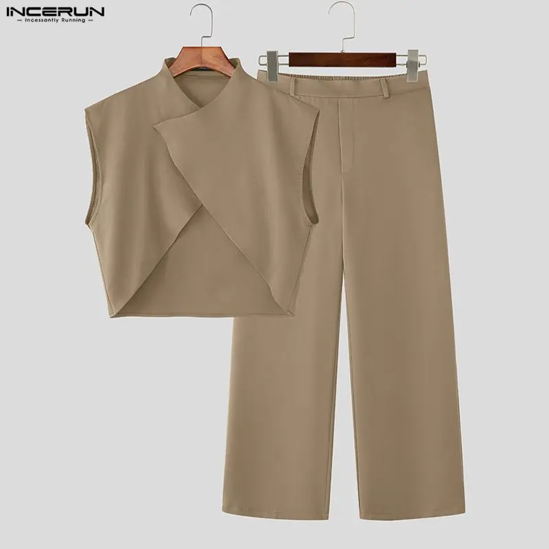

INCERUN Men Sets Solid Color Sleeveless Crop Tops & Pants Two Pieces Sets Loose Streetwear 2025 Fashion Men's Casual Suits S-5XL