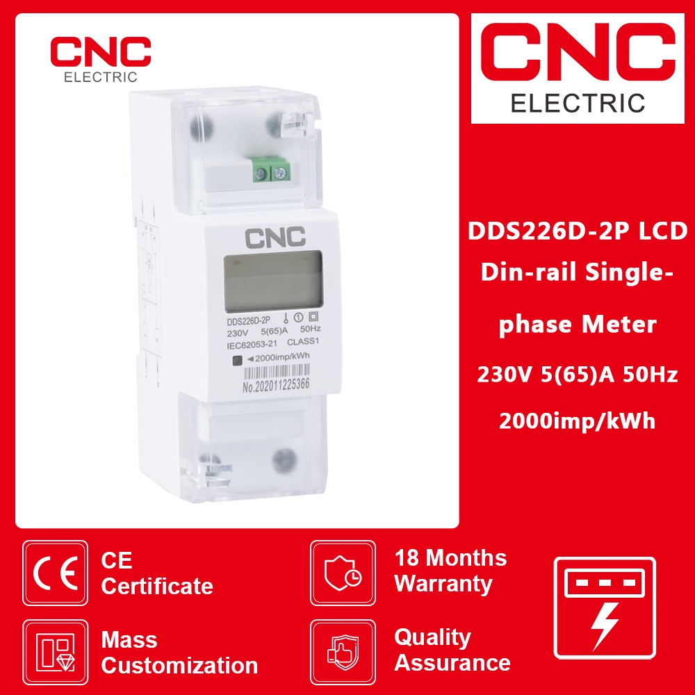 Medidor de Energia de Trilho Ruído Monofásico Cnc 2p Lcd 65a 100a 220v 230v 50hz 60hz Exportação de Importação de Energia Ativa Kwh