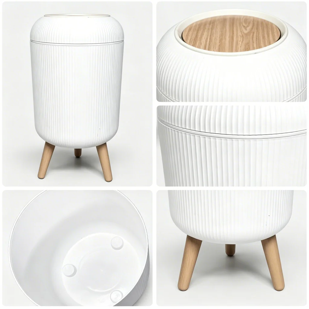 Vertical Ribbed Flip‑Top Trash Can, All‑Plastic Standing Decorative Garbage Bin with 3 Legs & Wood‑Look Lid