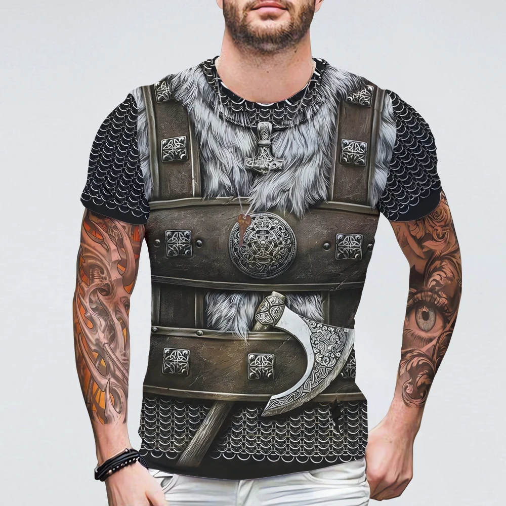 Popular Viking Armor Vintage Oversized Men Clothing 3D Print Graphic T Shirts Polyester Harajuku Summer Short Sleeve Casual Tee