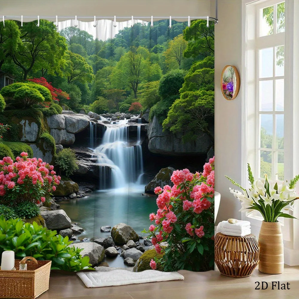 Waterfall Shower Curtain Waterproof Fabric Bathroom Curtains Forest River Pink Flower Bath Screen Divider Home Decor With Hooks